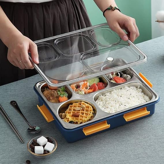 4 Compartment Lunch Box for Office Men, Women, Big Size, Stainless Steel, Leak-Proof, Insulated, Bento Lunch Box for Adults, with Air-Tight Bowl, Spoon Storage Space. Tiffin Box for Office